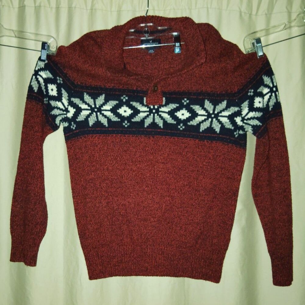 American Eagle Men’s Red Fair Isle Snowflake Shawl Neck Sweater Size M